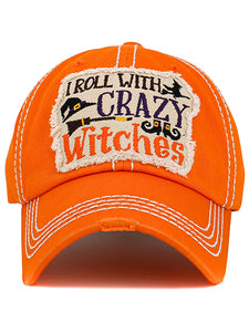 VINTAGE BALL CAP "I ROLL WITH CRAZY WITCHES" - ORANGE