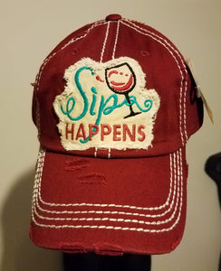 VINTAGE BALL CAP "SIP HAPPENS" - BURGUNDY