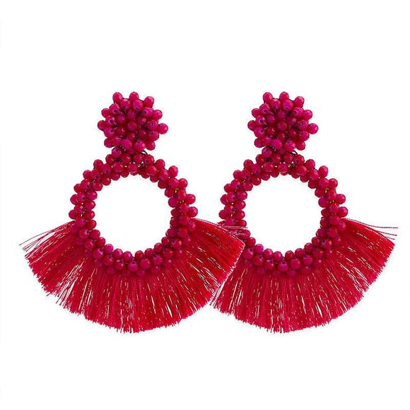 TASSEL AND GLASS BEAD EARRINGS - RED