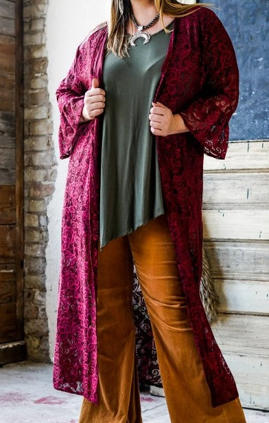 LACE 3/4 SLEEVE DUSTER - WINE 
