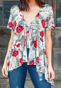 IVORY FLORAL SHORT SLEEVE FRONT TIE TOP *SALE*