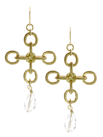GOLD TONE CHAIN CROSS DANGLE EARRINGS W CRYSTAL ACCENT ENDS