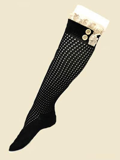 BOOT SOCKS W LACE AND BUTTONS - BLACK *SALE*
