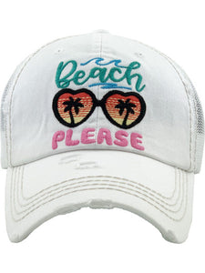 VINTAGE MESH BALL CAP "BEACH PLEASE" - WHITE