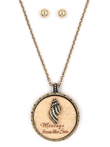 WOOD PENDANT W SHELL NECKLACE SET - GOLD