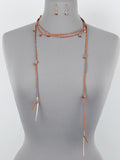 SUEDE W CRYSTAL LONG NECKLACE SET - BROWN
