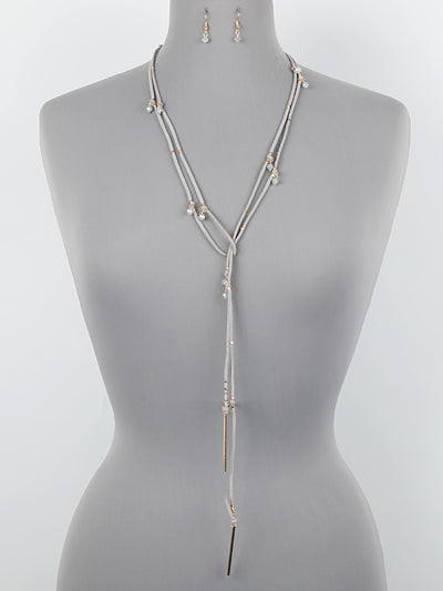 SUEDE W CRYSTAL LONG NECKLACE SET - GRAY