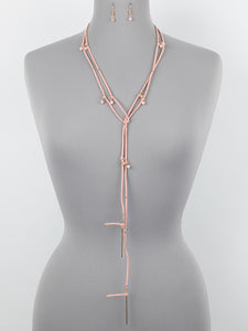 SUEDE W CRYSTAL LONG NECKLACE SET - PEACH