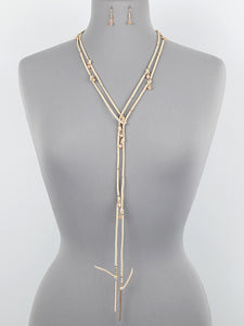 SUEDE W CRYSTAL LONG NECKLACE SET - NATURAL