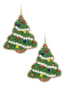 CHRISTMAS TREE BEADED EARRINGS - GREEN