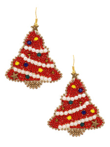 CHRISTMAS TREE BEADED EARRINGS - RED