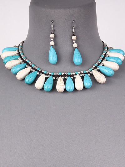 TURQUOISE & WHITE STONE W BELL NECKLACE SET