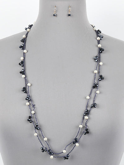 GLASS BEAD FRESHWATER PEARL 72 NECKLACE SET - BLACK